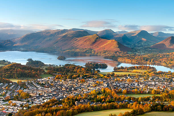 Keswick and Derwent Water, Lake District Looking over the small town of Keswick on the edge of Derwent Water in the Lake District National Park. derwent water stock pictures, royalty-free photos & images