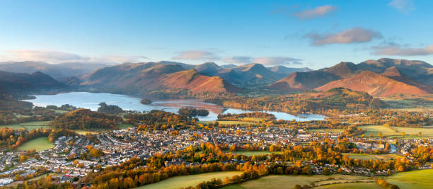 Keswick and Derwent Water, Lake District Panoramic view over the small town of Keswick and Derwent Water in Autumn, Lake District National Park, England, UK. keswick photos stock pictures, royalty-free photos & images