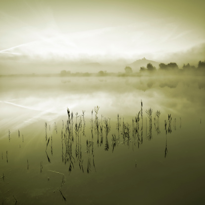 Foggy Lake at Dawn, Wachsenburg Castle behind, Thuringia, Germany