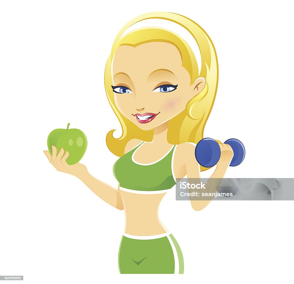 Garota de Fitness exercício saudável com maçã e - Vetor de Adolescente royalty-free