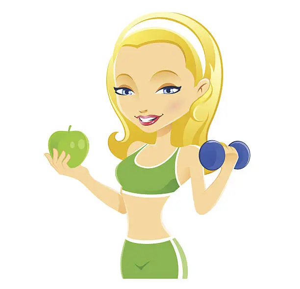 Vector illustration of Healthy Fitness Girl Exercising and Holding Apple