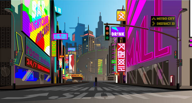 Metro City in the morning vector art illustration