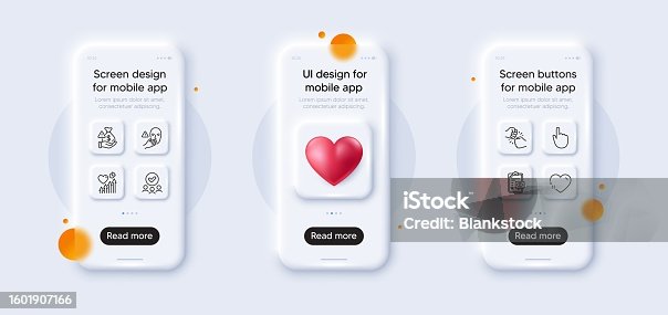 istock Bribe, Dont touch and Approved group line icons pack. For web app. 3d phone mockups. Vector 1601907166