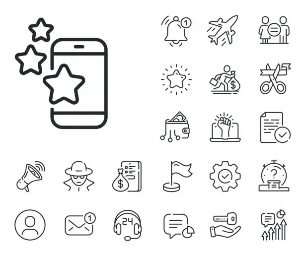 Vector illustration of Best app line icon. Phone ratings sign. Salaryman, gender equality and alert bell. Vector