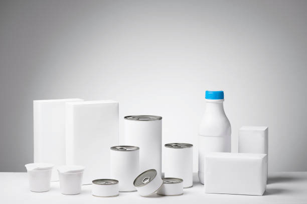 Blank labeled products on neutral white to gray gradient background