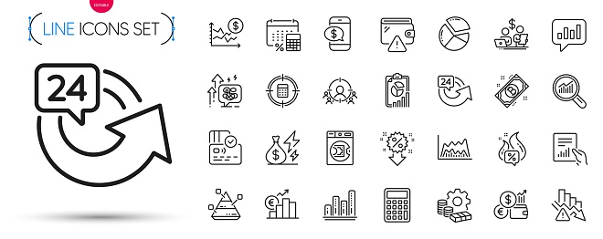 Pack of Annual tax, Electricity price and Pie chart line icons. Include Stress grows, Pyramid chart, Money pictogram icons. 24 hours, Document, Bitcoin signs. Deflation, Analytical chat. Vector