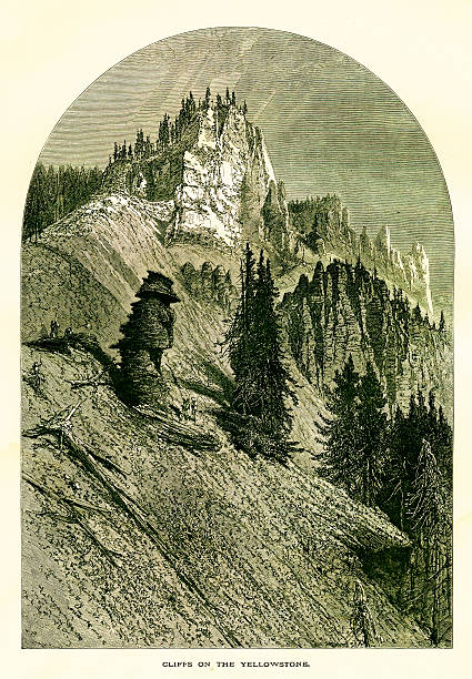 Cliffs on Yellowstone National Park, located primarily in the state of Wyoming. Published in Picturesque America or the Land We Live In (D. Appleton & Co., New York, 1872).