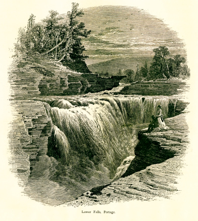 Lower Falls located in the Portage Canyon, U.S. state of New York. Published in Picturesque America or the Land We Live In (D. Appleton & Co., New York, 1872).