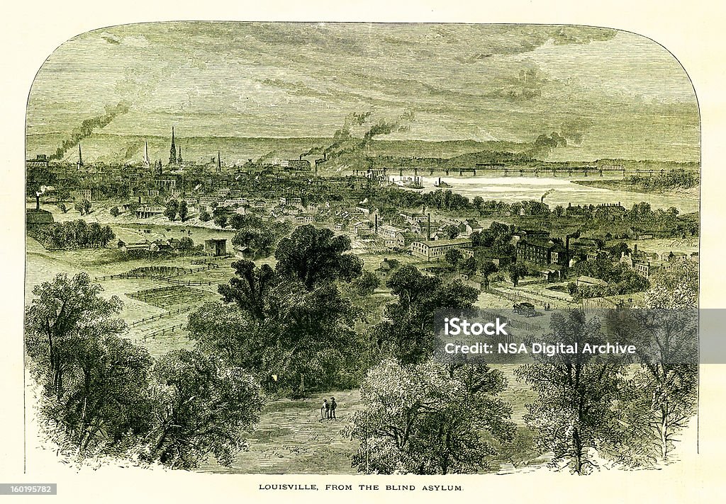 Louisville, Kentucky Louisville, the largest city in the state of Kentucky, USA. Published in Picturesque America or the Land We Live In (D. Appleton & Co., New York, 1872). Kentucky stock illustration