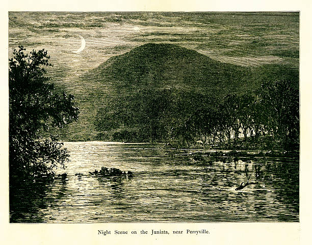 illustrations, cliparts, dessins animés et icônes de scène de nuit du juniata rivière, en pennsylvanie - antique engraved image moonlight night