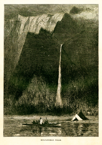 Multnomah Falls, the tallest waterfall in the U.S. state of Oregon (189 m). Published in Picturesque America or the Land We Live In (D. Appleton & Co., New York, 1872)