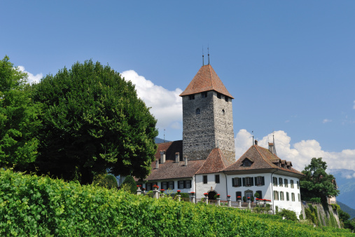 The Chateau de Spiez (Schloss Spiez). This medieval fortress is situated by the picturesque Lake thun in the small town of Spiez in the Canton of Bern, Switzerland.