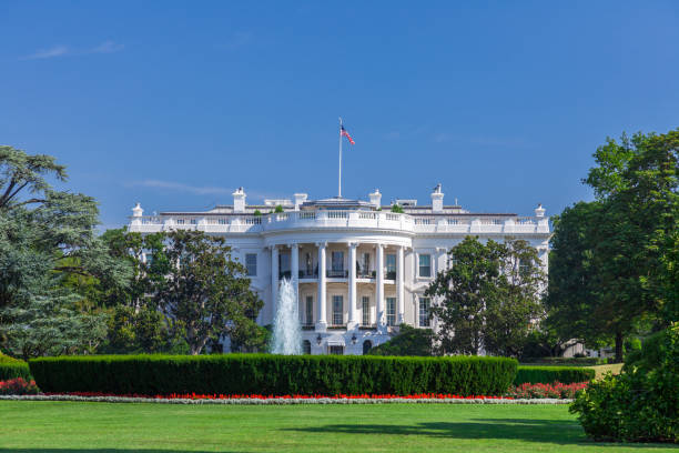 biały dom w bezchmurne niebo - white house washington dc american flag president zdj�ęcia i obrazy z banku zdjęć