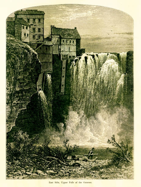 East side of Upper Falls located in the Portage Canyon, U.S. state of New York. Published in Picturesque America or the Land We Live In (D. Appleton & Co., New York, 1872).