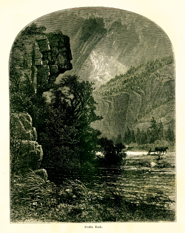 Profile Rock in the Mohawk Valley, U.S. state of New York. Published in Picturesque America or the Land We Live In (D. Appleton & Co., New York, 1872).