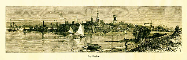 illustrazioni stock, clip art, cartoni animati e icone di tendenza di sag harbor, nello stato di new york - long island 19th century style usa north america
