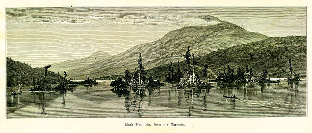 Black Mountain, New York Black Mountain viewed from "The Narrows" of Lake George, U.S. state of New York. Published in Picturesque America or the Land We Live In (D. Appleton & Co., New York, 1872). adirondack mountains stock illustrations