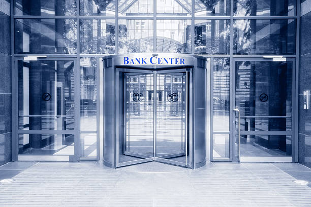 Bank center entrance stock photo