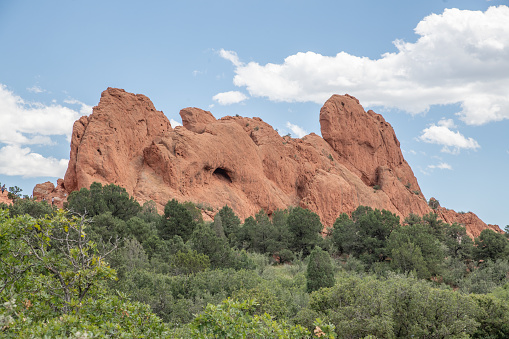 Garden of the Gods has unique tall sandstone geological formations in Colorado Springs, Colorado in western USA of North America.