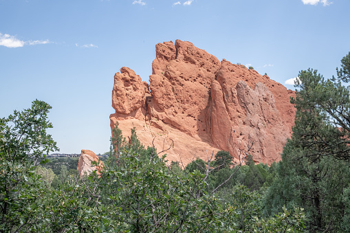 Garden of the Gods has unique tall sandstone geological formations in Colorado Springs, Colorado in western USA of North America.