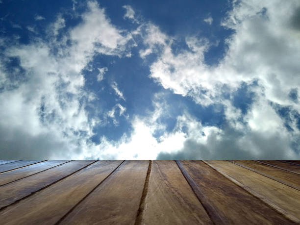 Texture wooden floor with cloud. Studio table room background. Studio room background for product promotion