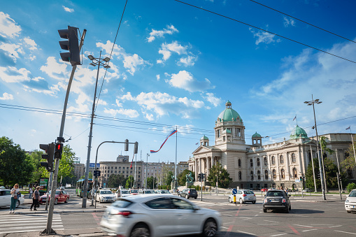 Picture of narodna skupstina, the national Assembly of Serbia, with its monumental stairs. The House of the National Assembly of the Republic of Serbia is the seat of the National Assembly of Serbia. The building is on Nikola Pai Square in downtown Belgrade, and is a landmark and tourist attraction.