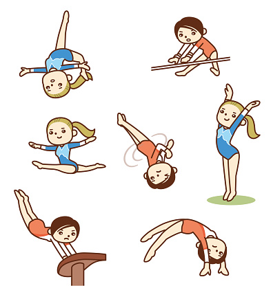female athlete doing gymnastics, Balance beam, Uneven bars, Vault, Floor exercise