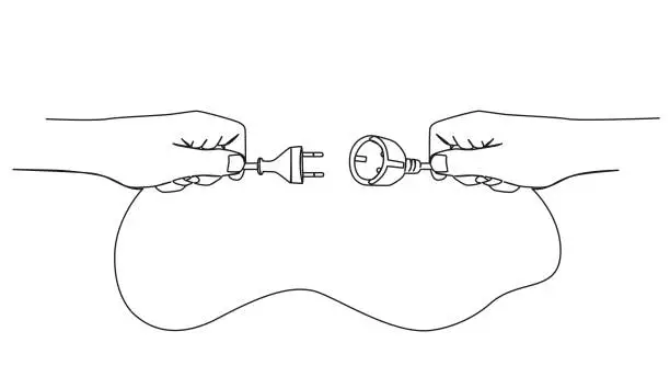 Vector illustration of single line drawing of hands holding extension cord