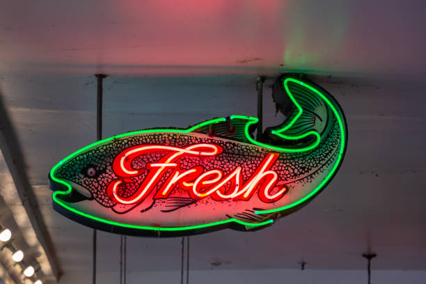 A neon sign of a fresh fish