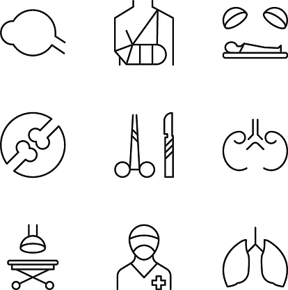 Pack of isolated vector symbols drawn in line style. Editable stroke. Icons of fracture, eye, operating, knuckles, surgical tools, the kidneys, doctor, lungs