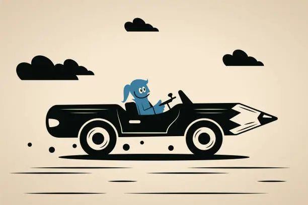 Vector illustration of A smiling woman driving a convertible car that looks like a pencil, Imagination takes you around the world, Breaking boundaries, Fantastical and Imaginary journeys