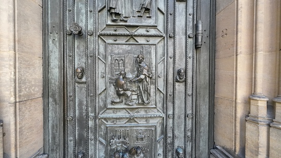 Close up view of entrance door of St Vitus cathedral, located in Prague castle, Prague city, Czech Republic.
