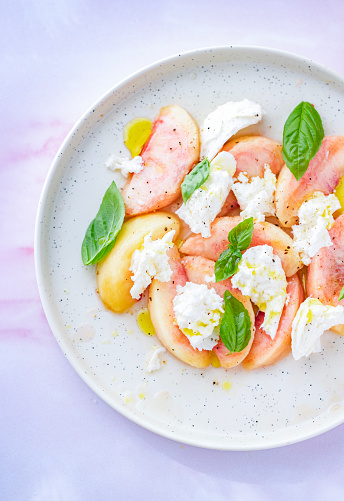 Fresh Peaches and Mozzarella Cheese Caprese Salad View from Above