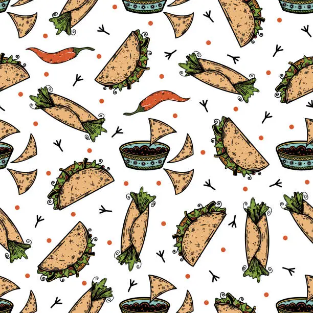 Vector illustration of Mexican traditional fast food seamless vector pattern. Fresh burrito, taco, nachos, hot chili. National spicy meal with meat, sauce, tortilla. Tasty street snack. Background for posters, menu, print