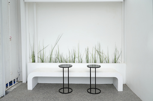 Modern black armchair against a wall decorated in white and green plants.