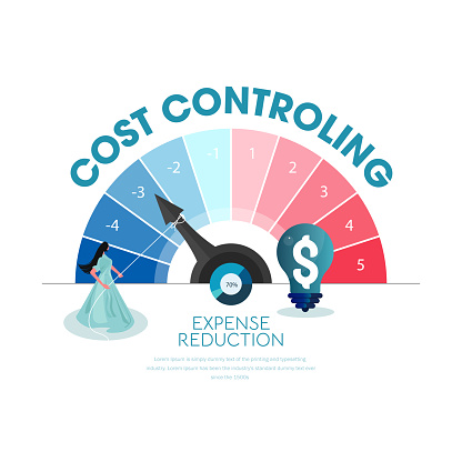 Cost controlling and expense reduction, dollar rate decrease, price minimizing with performance chart, businessman cost Cutting the budget stock illustration
