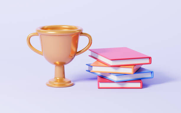 istock Cartoon trophy and books in the purple background, 3d rendering. 1602206074