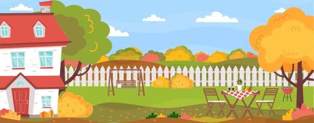 courtyard autumn 2 table Horizontal banner with autumn country landscape. Backyard of the house. Cute house, fence, swing, table and chairs, bbq, trees, bushes, leaves. Sunny autumn day. Vector illustration. brush fence stock illustrations