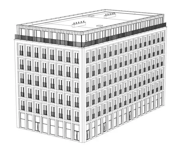Vector illustration of Contour detailed multi-storey building in flat style. Multi storey building vector sign, symbol, vector illustration. Isometric view.