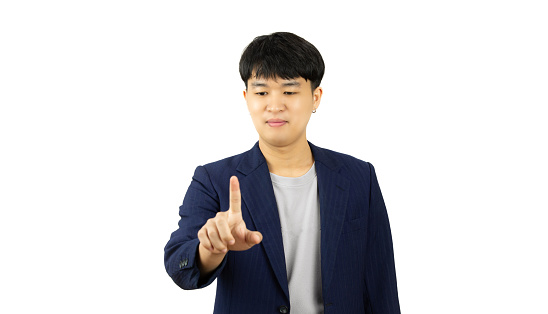 business asian man touching on virtual screen isolated against a white background. business technology vision pro concept.