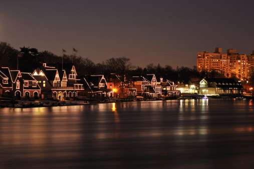 Boathouse Row at night, Philadelphia, Pennsylvania, USA