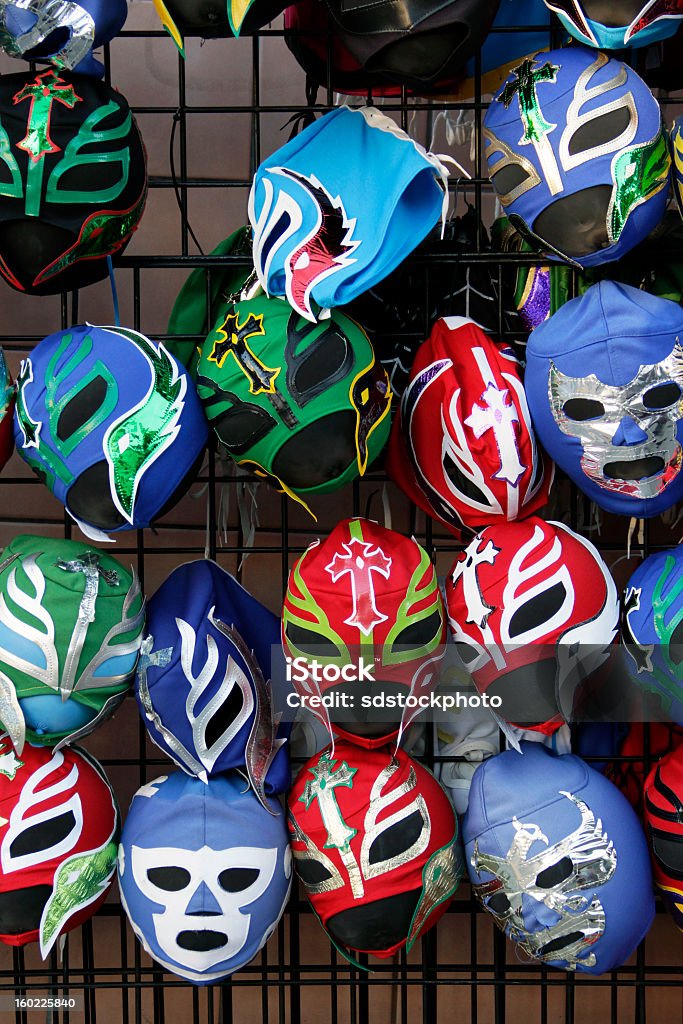 Lucha Libre Mexican Wrestling Masks Lucha Libre, also known as Mexican wrestling, masks for sale. Rack Stock Photo