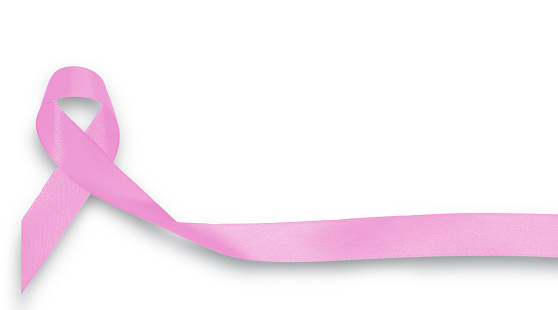 light pink ribbon on white background, International Symbol of Breast Cancer Awareness Month.