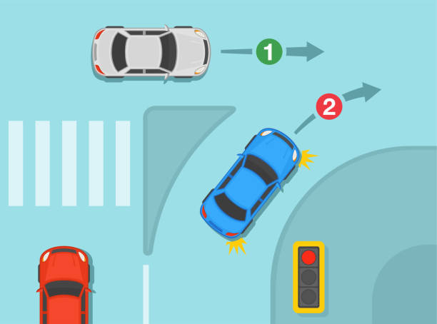 ilustrações de stock, clip art, desenhos animados e ícones de safety driving tips and traffic regulation rules. a vehicle using a slip lane must give way to any pedestrians and cars continuing road when entering the road. top view. - secondary action