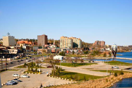 A general view of the skyline of Barrie, Ontarrio, Canada. it shows the waterfront on the right and the downtown buildings. 