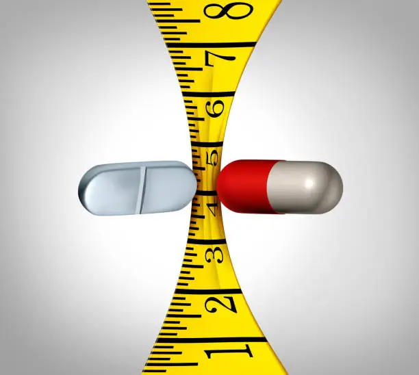 Fat Loss Pills as a Measuring tape food and weight control squeeze concept as two prescription medications squeezing a waist measure tool with 3D illustration elements.