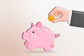 Money Savings, Hand Putting Coin a Piggy Bank. 3D Rendering, 3D Illustration.