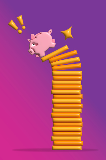Economic Crisis, Coins Collapsing, Piggy Bank. Purple Color Background. 3D Rendering, 3D Illustration.