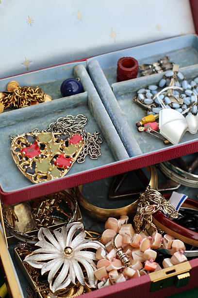 Vintage Pins, Bracelets, and Necklaces in Jewelry Box stock photo