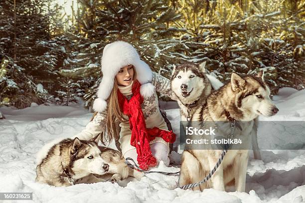아름다운 여성의 겨울맞이 임산 개에 대한 스톡 사진 및 기타 이미지 - 개, 겨울, 국가 관광명소